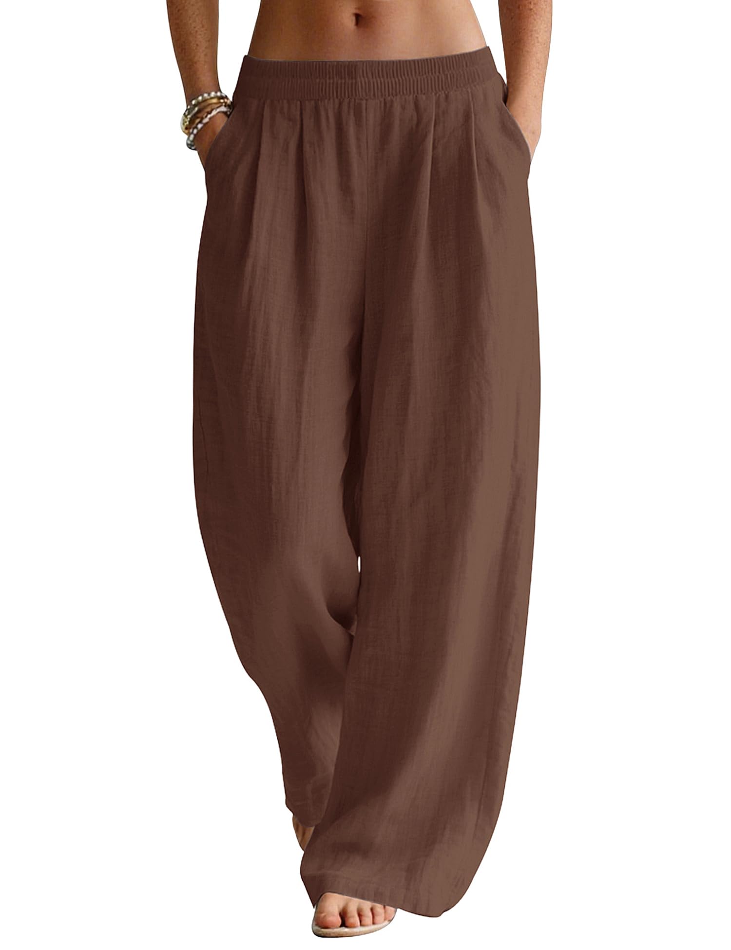 LOMON Linen Pants Women Wide Leg Palazzo Summer Flowy Pants Beach Vacation Clothes Elastic Waist Travel Trousers with Pockets