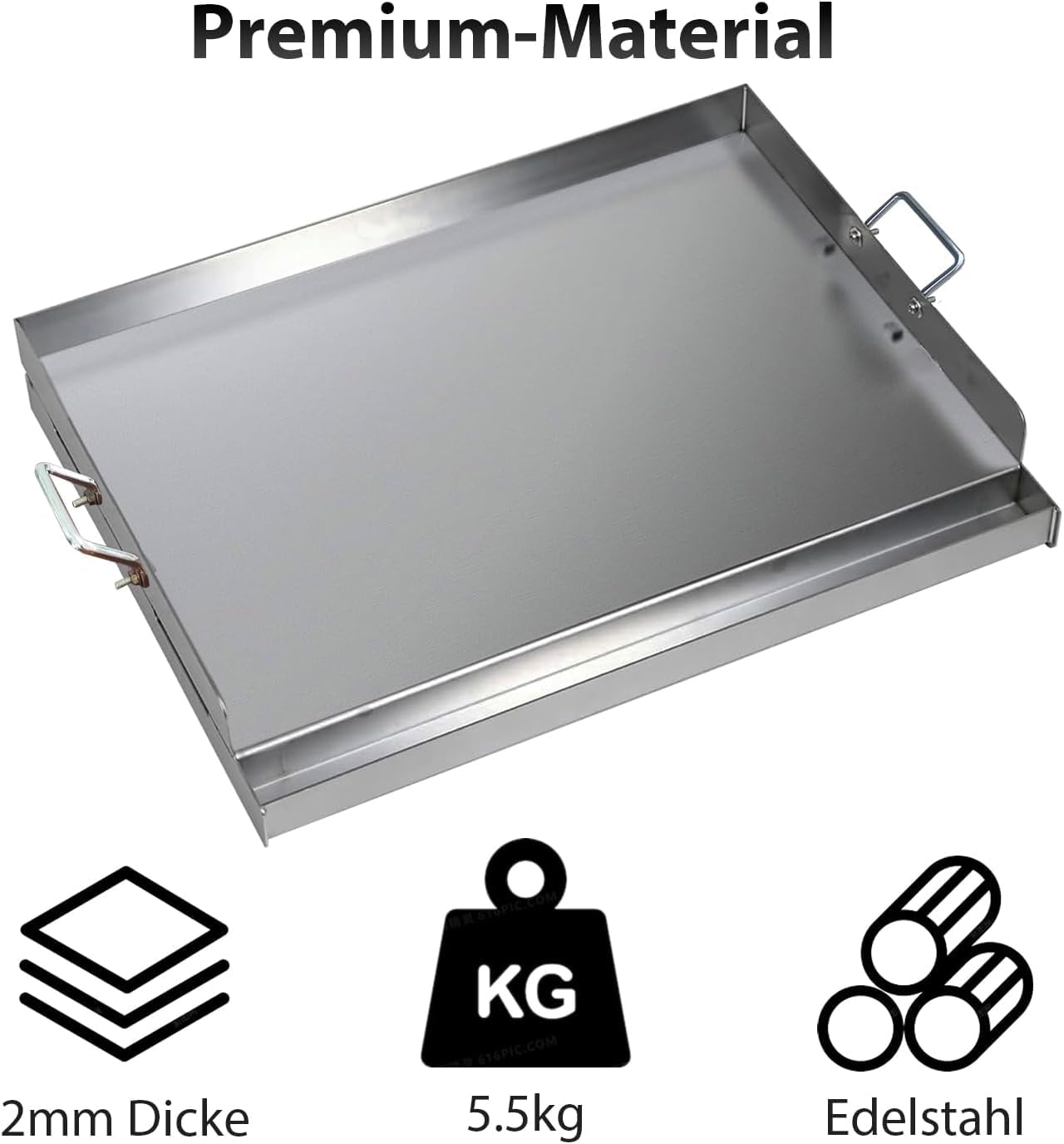 Edelstahl Grillplatte | 47x32x7 cm | Universal BBQ Plancha aus dickem 2mm & rostfreiem Edelstahl passend für Weber Gasgrill und Holzkohlegrill | Grillplatte mit Grill-Spachtel Schaber set