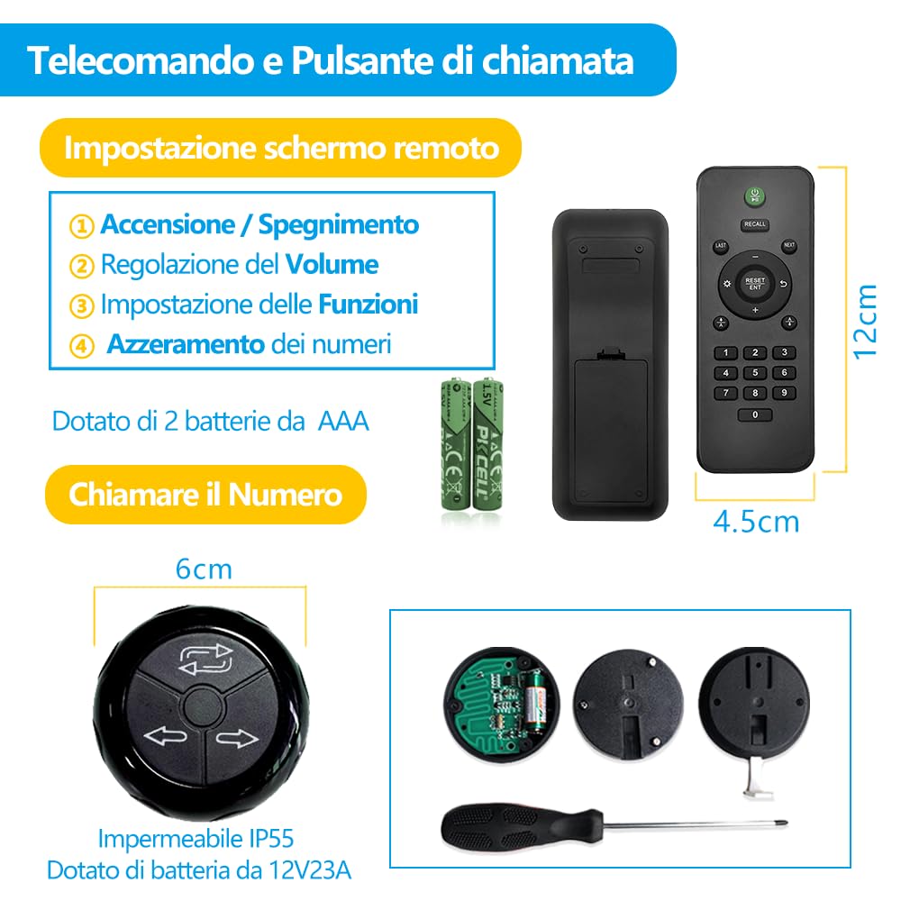 Eliminacode Due Display 3 Cifre (Chiamata in Italiano) | Gestione Code: 000-999/000-099/A00-E99 | 2x Display +3x Pulsanti +Telecomando | Per Ristorante/Ospedale/Negozio/Farmacia/Supermercato