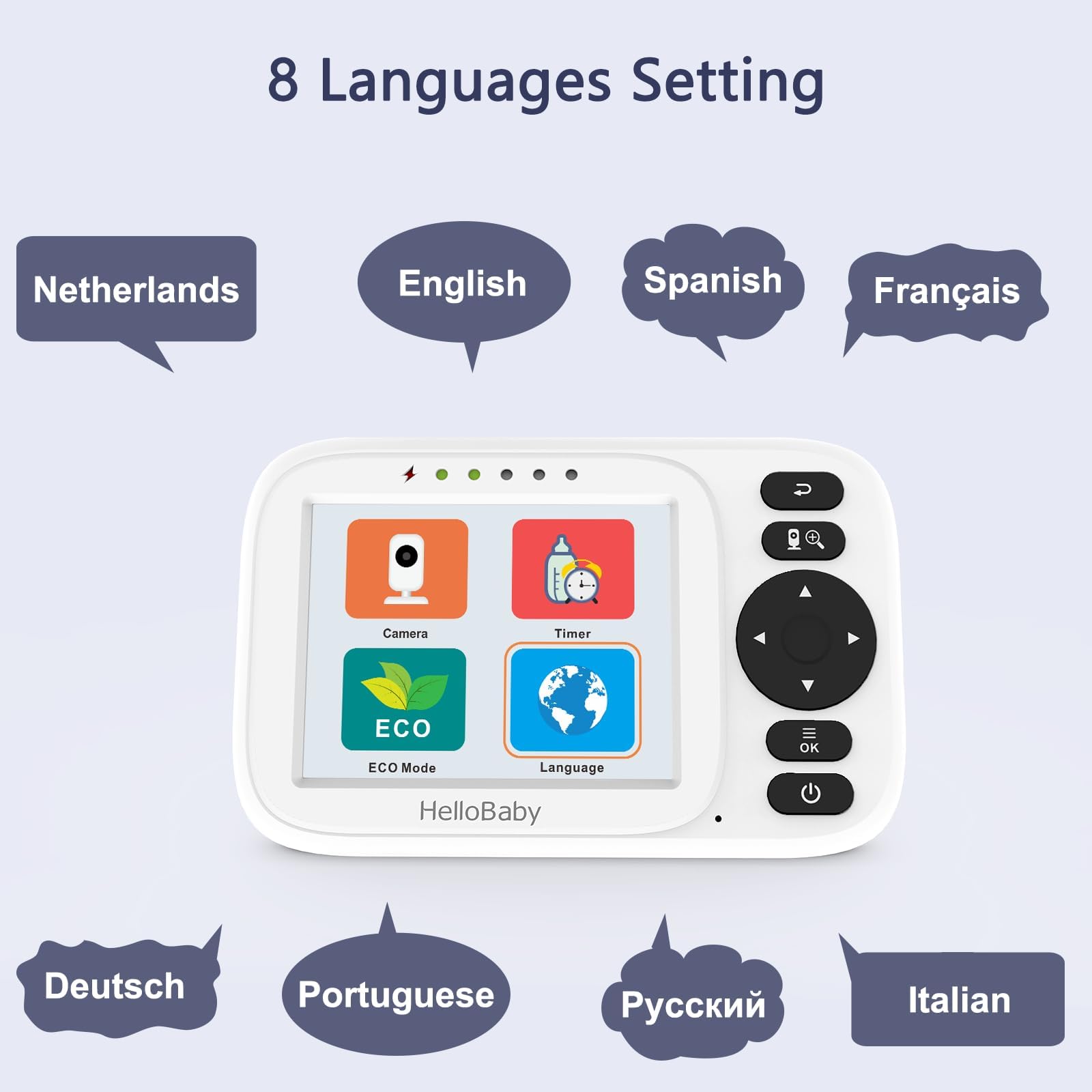 HelloBaby Baby Monitor con Video e Audio, 3.2" IPS Schermo, Zoom Digitale 2X, Visione Notturna, ECO/VOX, Promemoria Poppate, 8 Lingue, Carica USB,Portata 300m