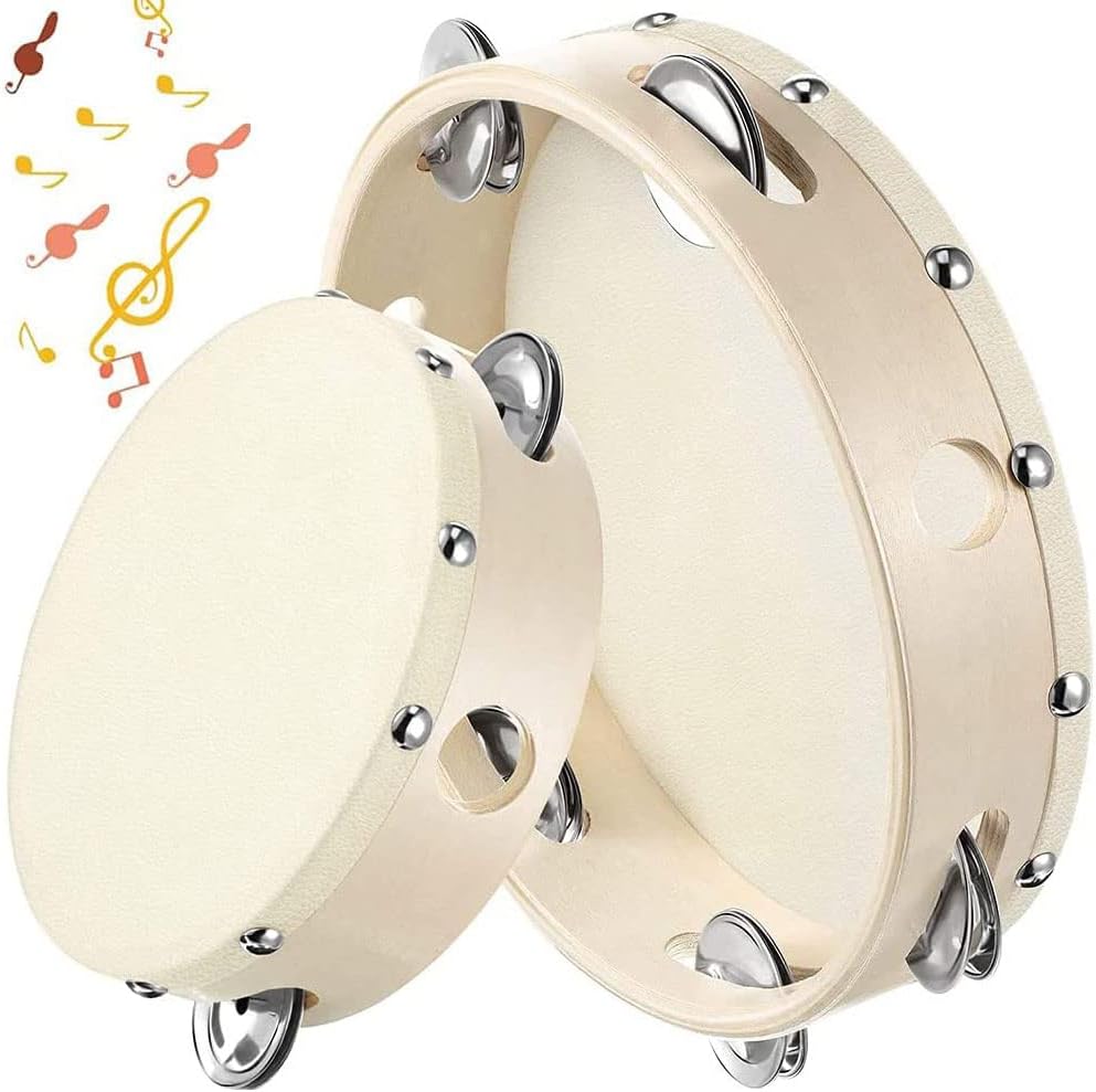 2 Piezas Tambor de Mano, Panderetas Jingle, Unica Filatambor de Mano, Percusión Juguete, Tambor Campana, Pandereta, 6 Pulgadas y 8 Pulgadas, para Fiestas, Juegos, Baile, Niños, Adultos, Regalo