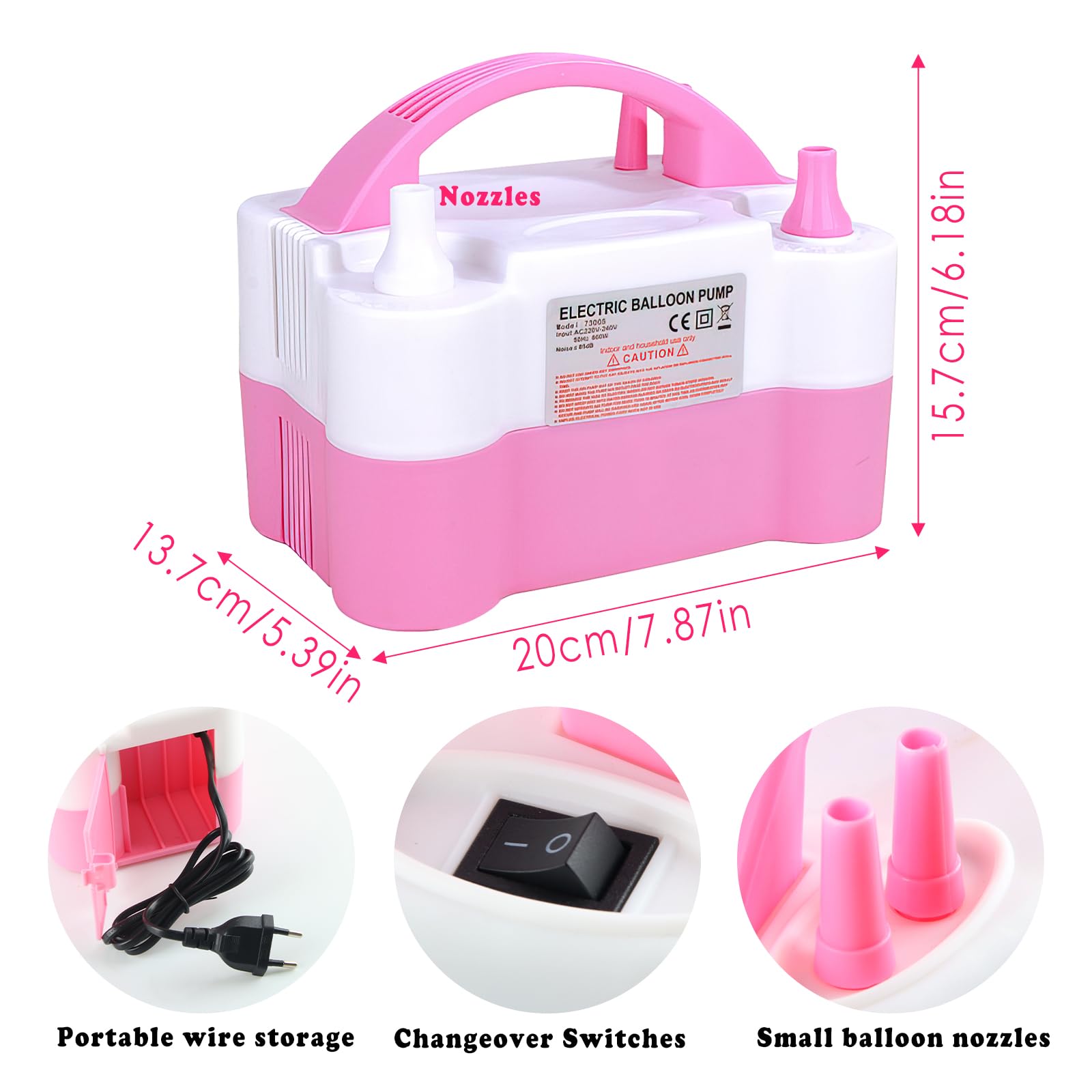 Pompe à Ballon Électrique 600W - Gonfleur Ballons Rapide Avec 4 Buses - Idéal Anniversaire Mariage Fêtes (Rose Blanc)