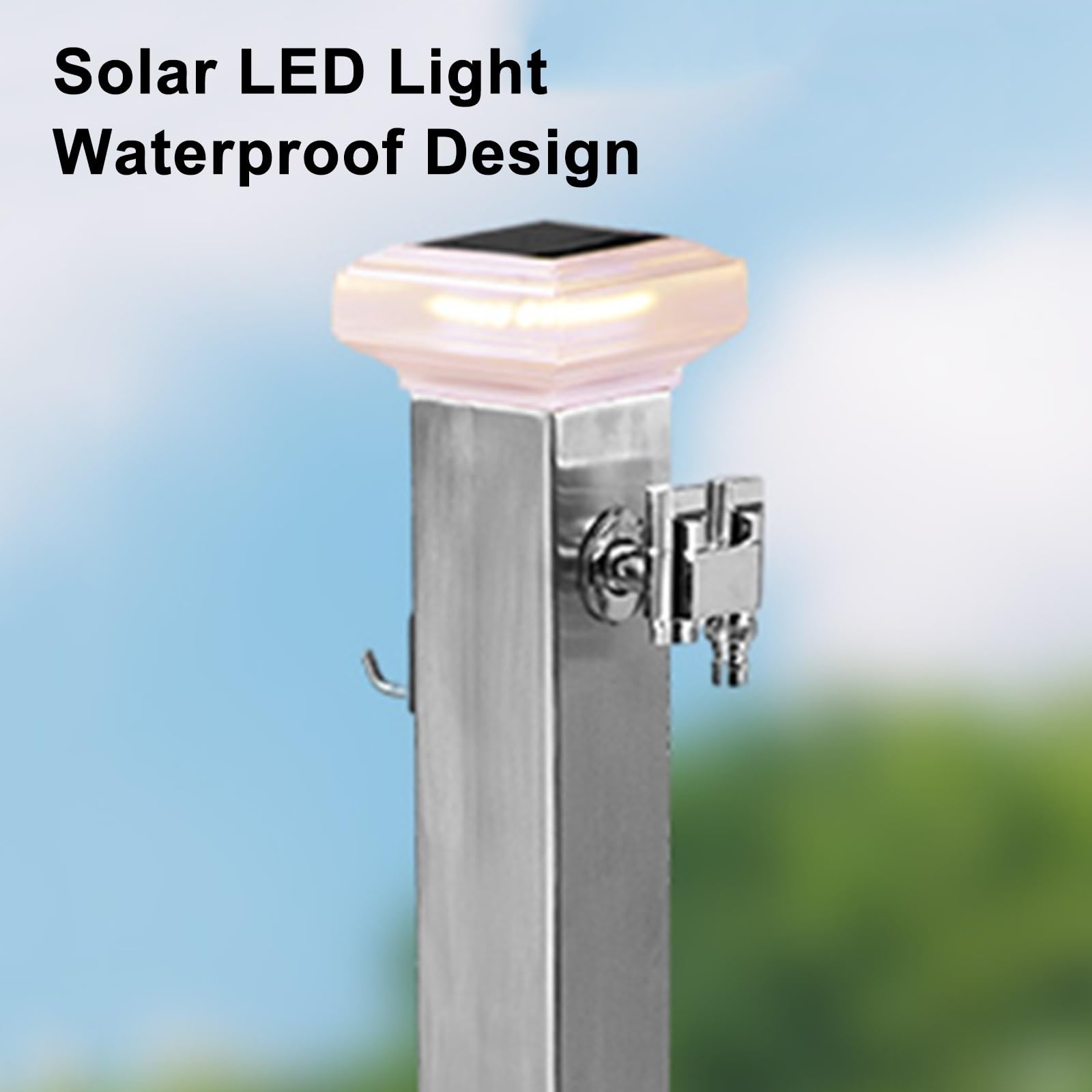 Solarna kolumna wody LED, na zewnątrz, fontanna ogrodowa ze stali nierdzewnej z podwójnym wylotem, kran zapobiegający zamarzaniu, 60 cm, do dekoracji podwórka i rozwiązań do nawadniania