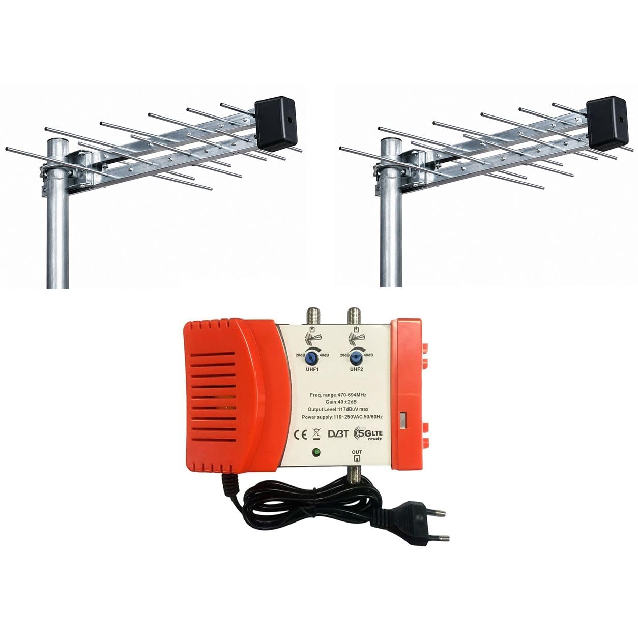 Kit antenna TV DVB-T2 completo con 2 antenne UHF 20 elementi e centralina amplificata da interno 40dB