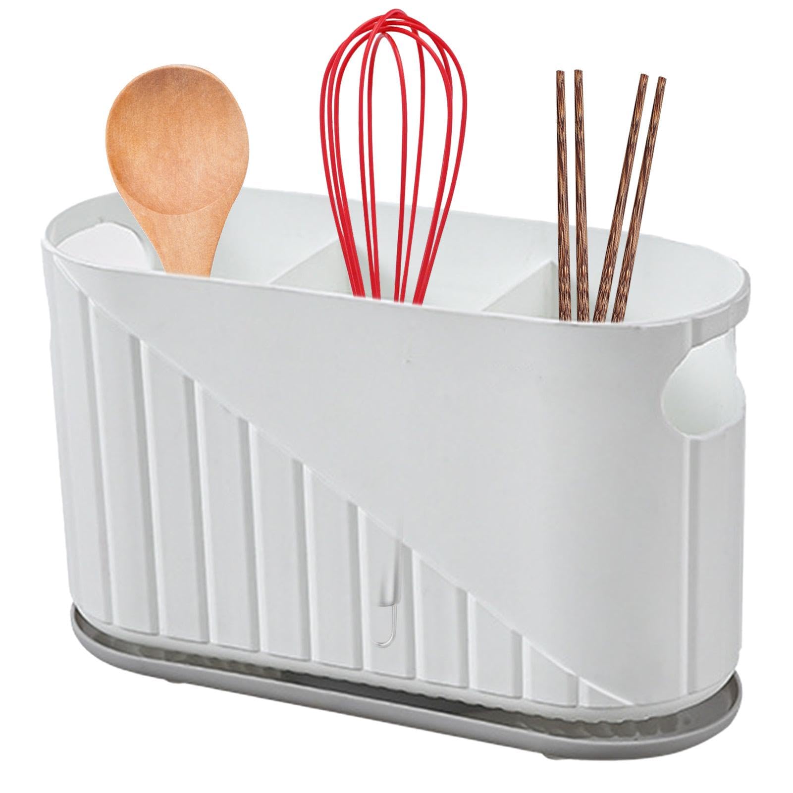 Porta Mestoli Da Cucina Con 3 Scomparti - Organizer Per Posate, Bianco, Con Fori Di Drenaggio, 17x11cm - Foto 9