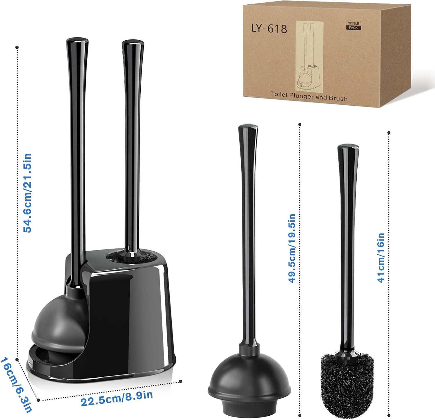 Black Toilet Brush and Plunger Set with Ventilated Holder