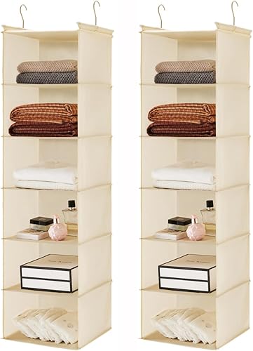 Miniatura 24 de MAX Houser Organizador colgante de armario de 6 niveles, estante colgante de tela con 2 ganchos resistentes para almacenamiento, plegable (beige)