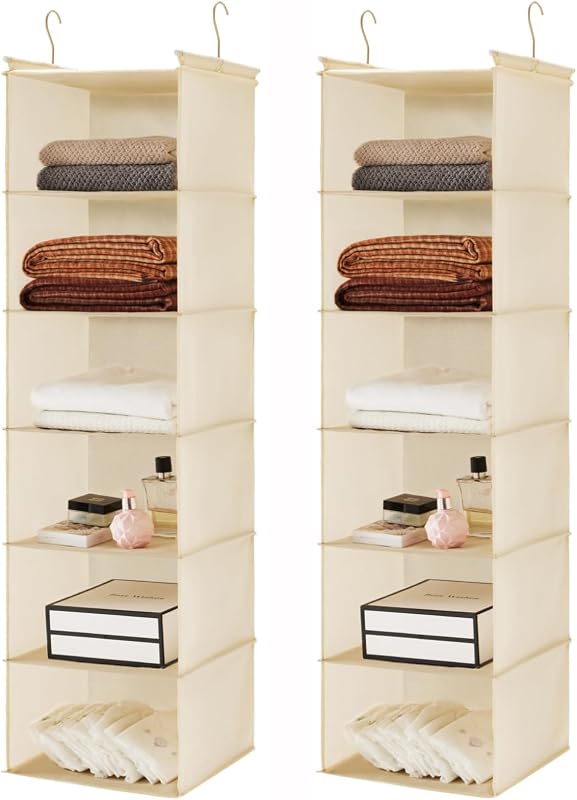 MAX Houser 2 Pack 6 Tier Foldable Hanging Closet Organizer, Beige | foldable lightweight fabric closet storage, space-saving design for Bedroom, Closet Hanging Shelf for Storage
