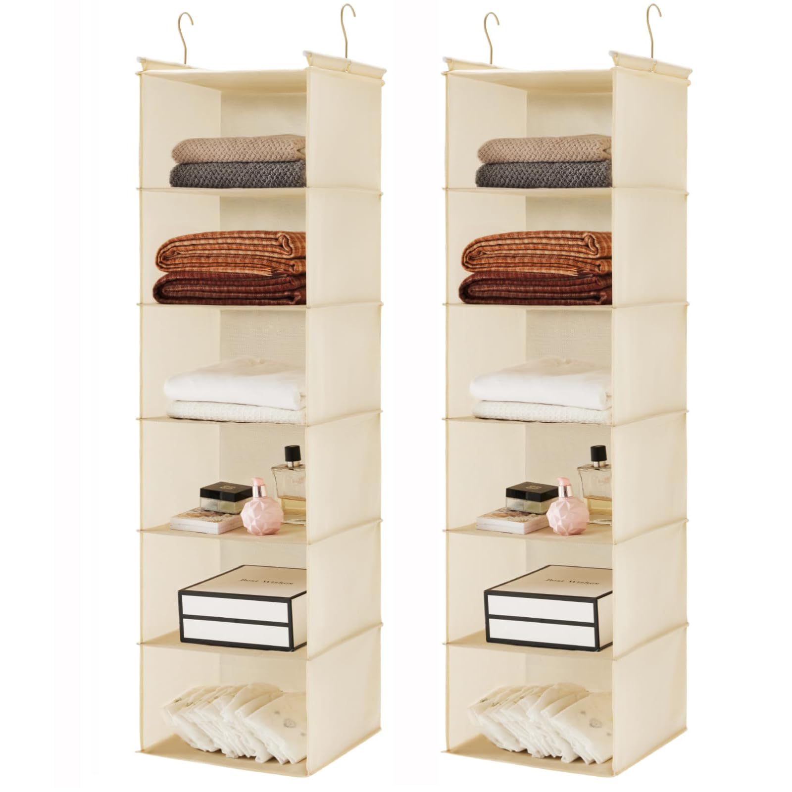 MAX Houser 2 Pack 6 Tier Foldable Hanging Closet Organizer, Beige