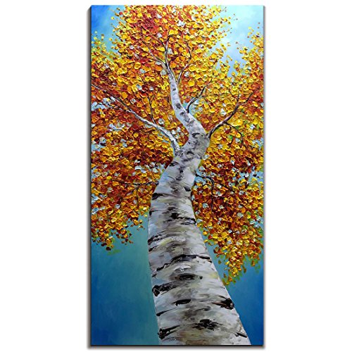 Yotree Paintings, 24x48 Inch Paintings Oil Hand Painting Yellow Birch in Autumn Painting 3D Hand-Painted On Canvas Abstract Artwork Art Wood Inside Framed Hanging Wall Decoration Abstract Painting