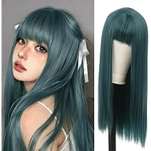 Teal Long Straight Wigs for Women with Bangs Synthetic Heat Resistant Fiber Wig Halloween Cosplay Daily Hair Wig Dark Teal
