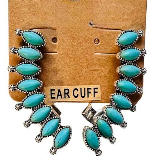 Nivek Western Bohemian Faux Turquoise Ear Crawler Climber Cuff Earrings Blue Stud Silver Tone 2 Pieces Left And Right Ears Natural Stones #TOP1