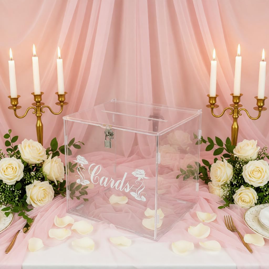 White Wedding Card Box with Lock, Gift Wedding Card Boxes for Reception Money Holder with Rose Sign for Wedding Decorations, Baby Showers, Birthdays, Bridal or Graduation Party Supplies