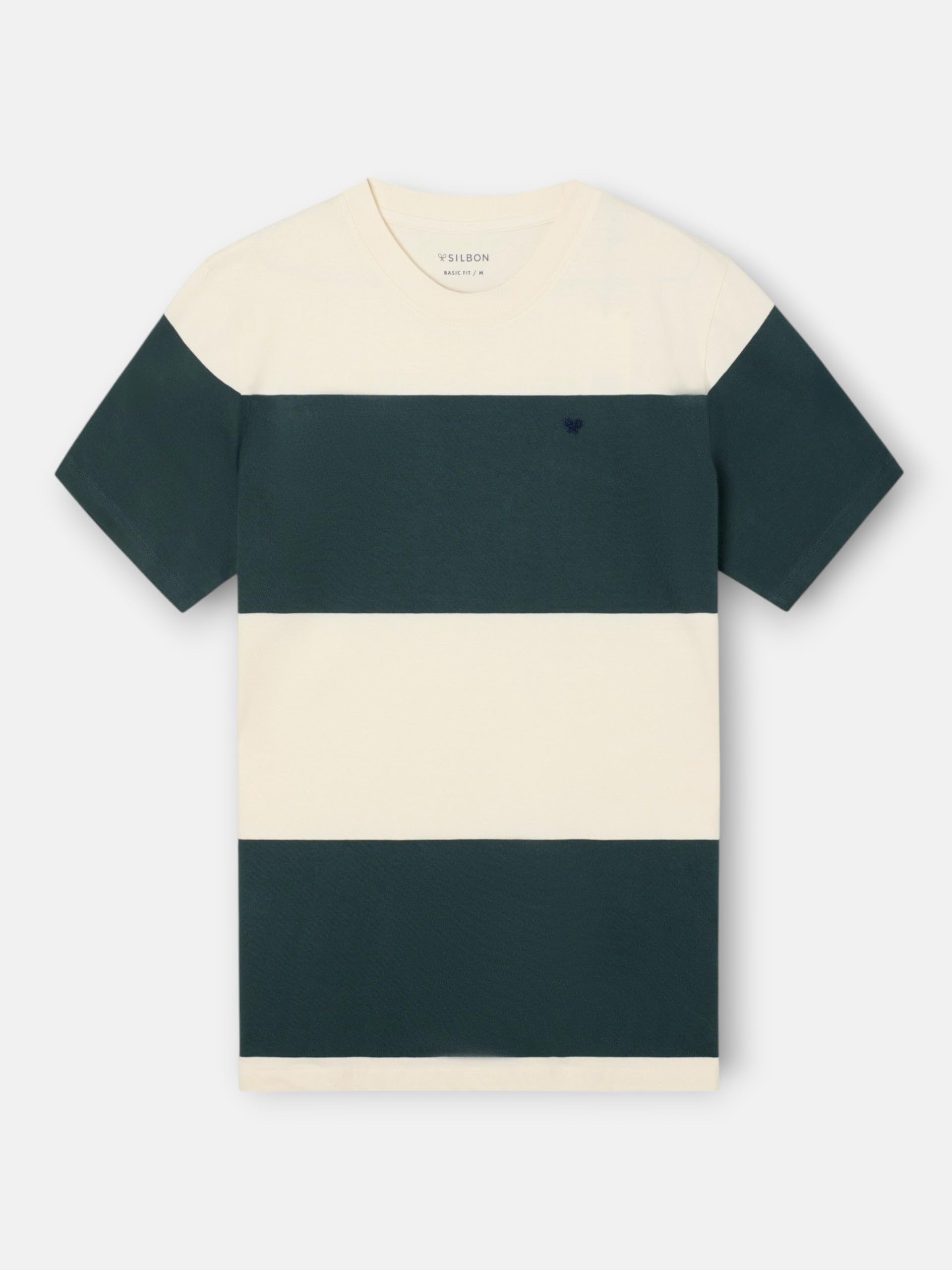 SILBON Camiseta Raya Ancha Verde Oscuro T-Shirt Uomo (Pacco da 1)