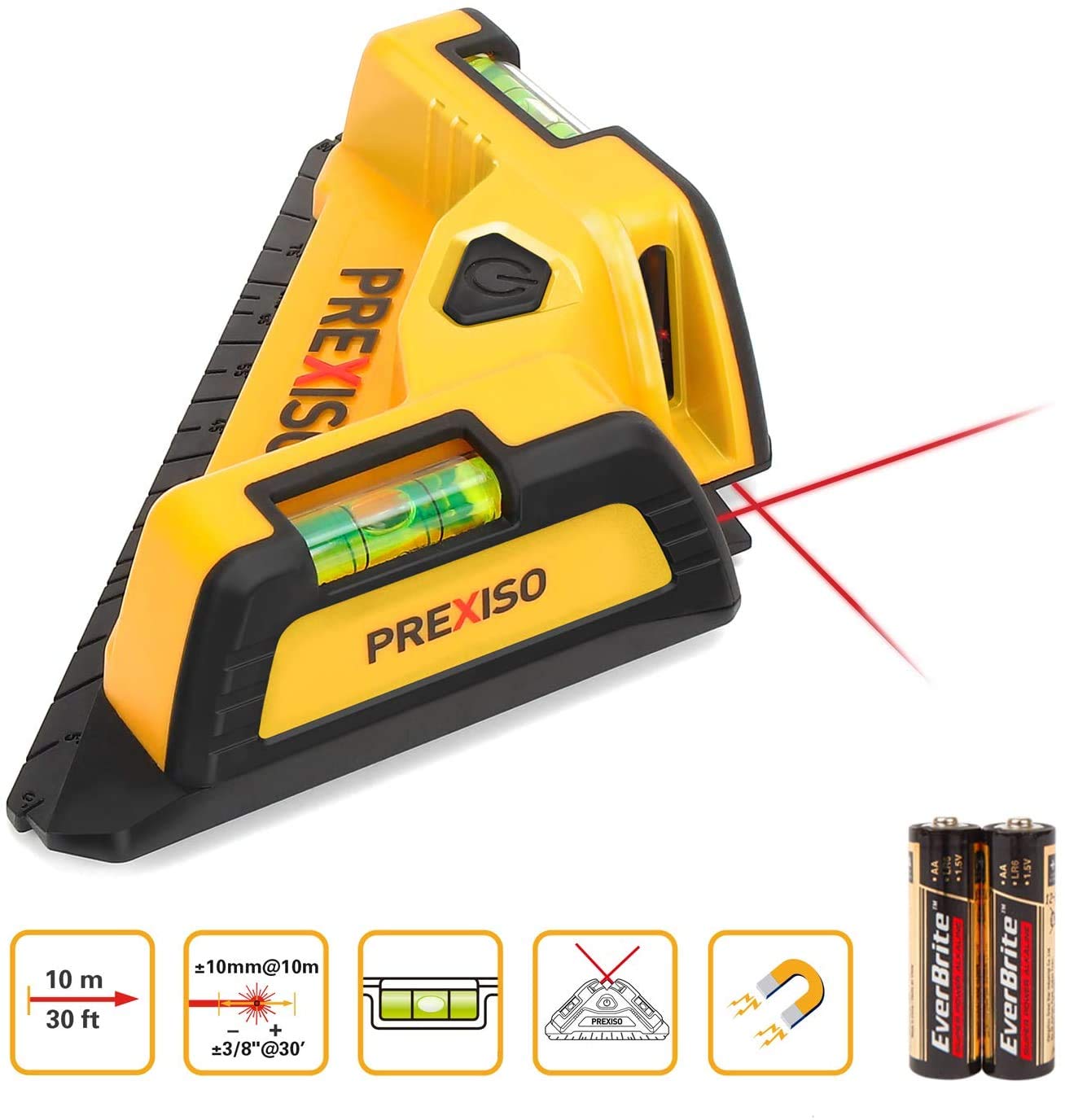 PREXISO Niveau Laser Carrelage 10 m, Laser d’Angle 90° avec Niveau à Bulle, Laser Rouge Précis, Idéal Pose de Carrelage et Revêtements de Sol, Pile AA Incluse
