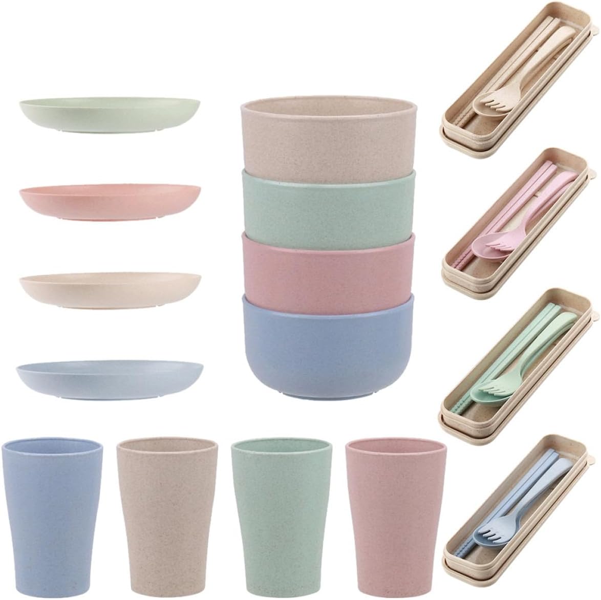28pcs Portable Wheat Fiber Tableware Set with Plates, Bowls, Cups, Forks, Spoons, and Chopsticks in Nordic Pink, Blue, Green, and Beige for Camping and Household Use