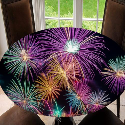 JRMRNEI Round Tablecloth, Christmas Fitted Table Cover Elastic Edge, Waterproof Wipeable Patio Table Cloths for Round Table, Christmas Type8, Tablecloth Size 40