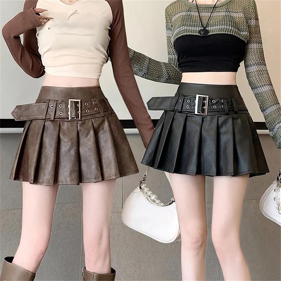 Kelsiop Minifalda plisada de piel sintética gótica para mujer, estilo punk, estilo Harajuku Streetwear