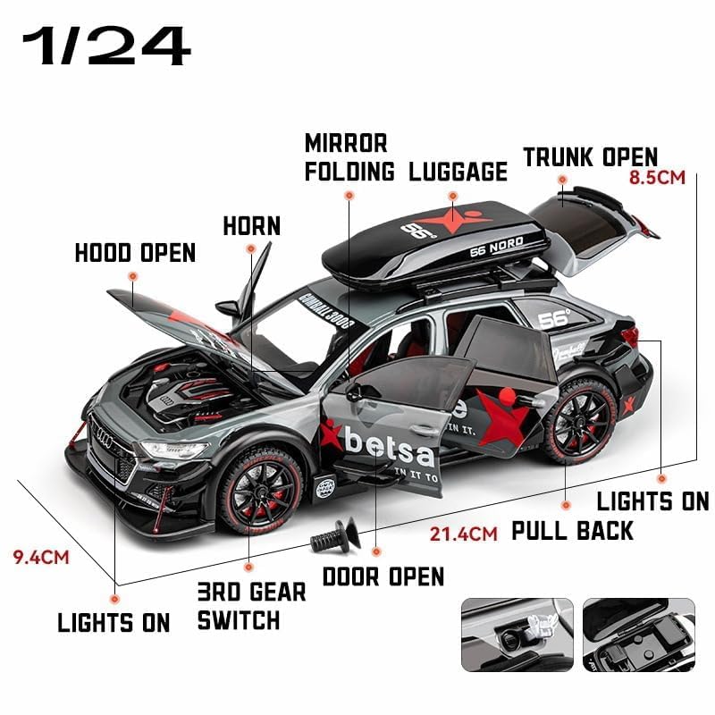 Image of Audi RS6 DTM Modified 1:24 Diecast Scale Model, Pull Back Toy Car for Kids, Openable Doors, Light & Music Features, Toy Vehicle for Boys and Girls (Grey)
