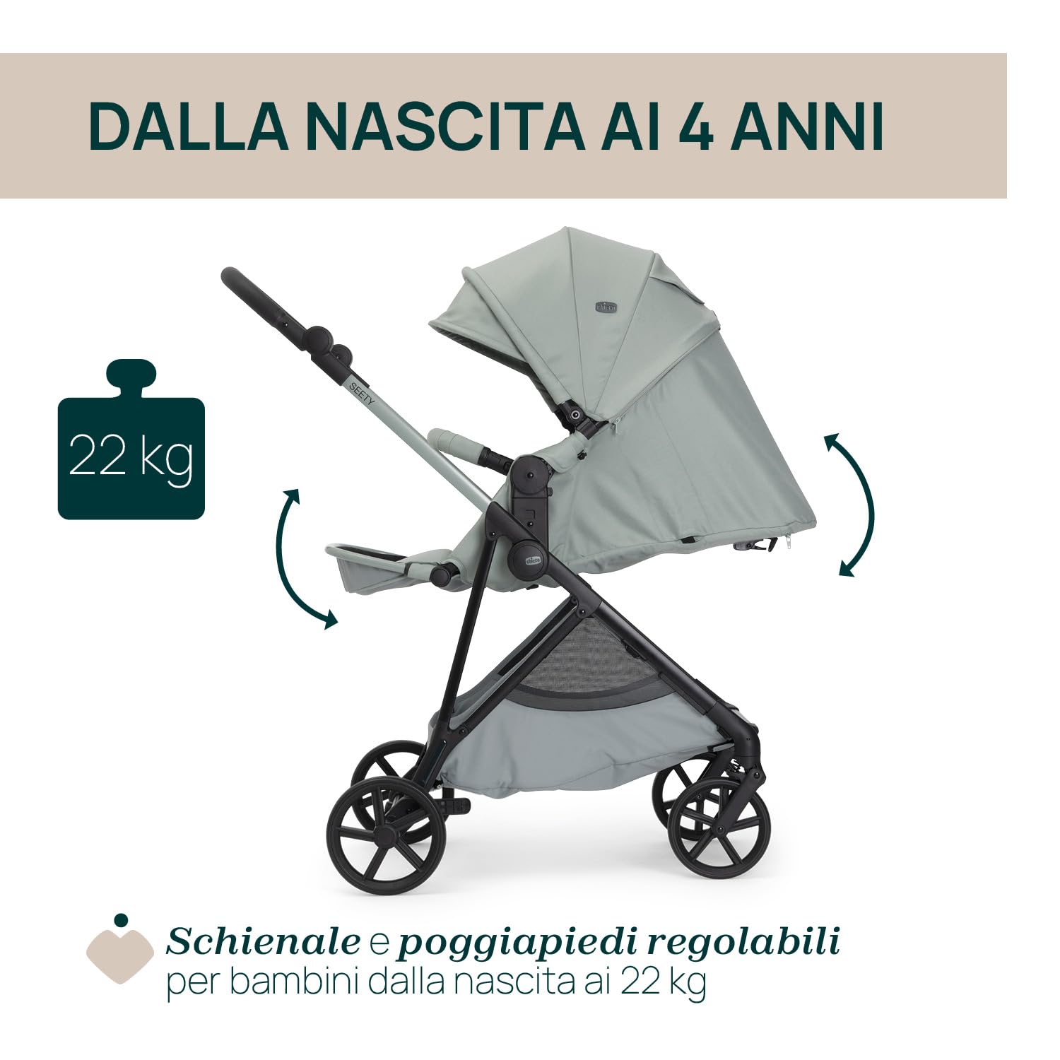 Chicco Passeggino Seety, Passeggino Leggero e Compatto Da 0 Mesi a 4 Anni, Portata Max 22kg, Passeggino Pieghevole, Schienale Reclinable,Chiusura Automatica in 1 Gesto, Capotte Parasole e Parapioggia