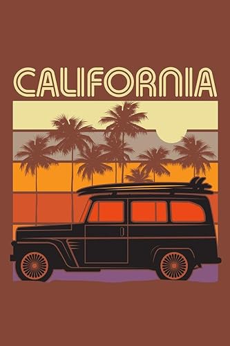 California Vintage Retro Travel with Classic Car Surf Board on Roof Surfing Beach Palm Trees Photo Illustration Cool Wall Art Poster 24x36