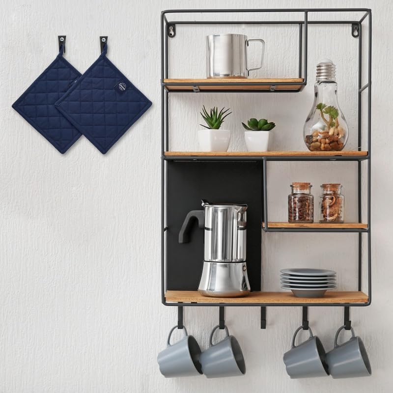 Miniatura 6 de Encasa XO Juego de 2 soportes para ollas de algodón resistentes al calor con lazo para colgar, color azul escocés, almohadillas acolchadas multiusos