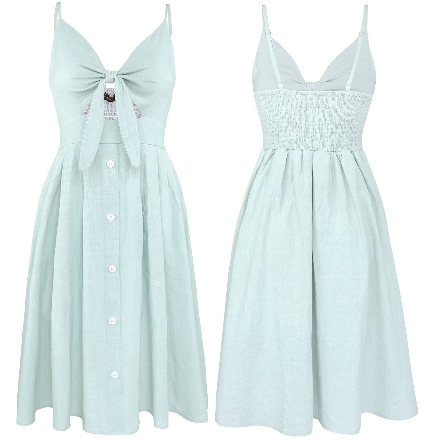 FANCYINN Donne Vestito Spaghetti Strap Scollo a V Botton Down Legare Davanti Abito Midi