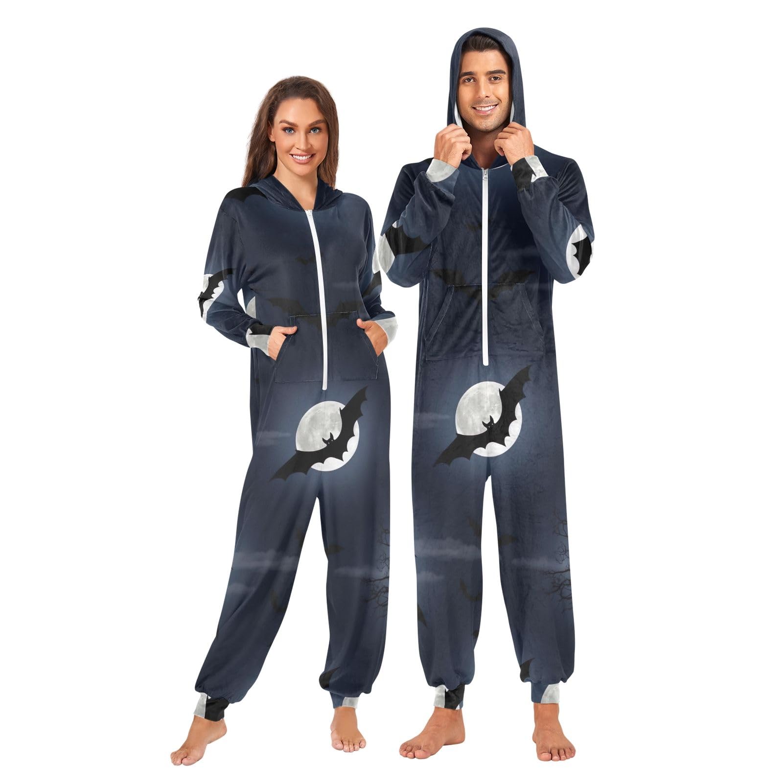 Pigiama intero da adulto con pipistrelli di Halloween, in morbido pile, per feste di Natale, abbigliamento da casa unisex
