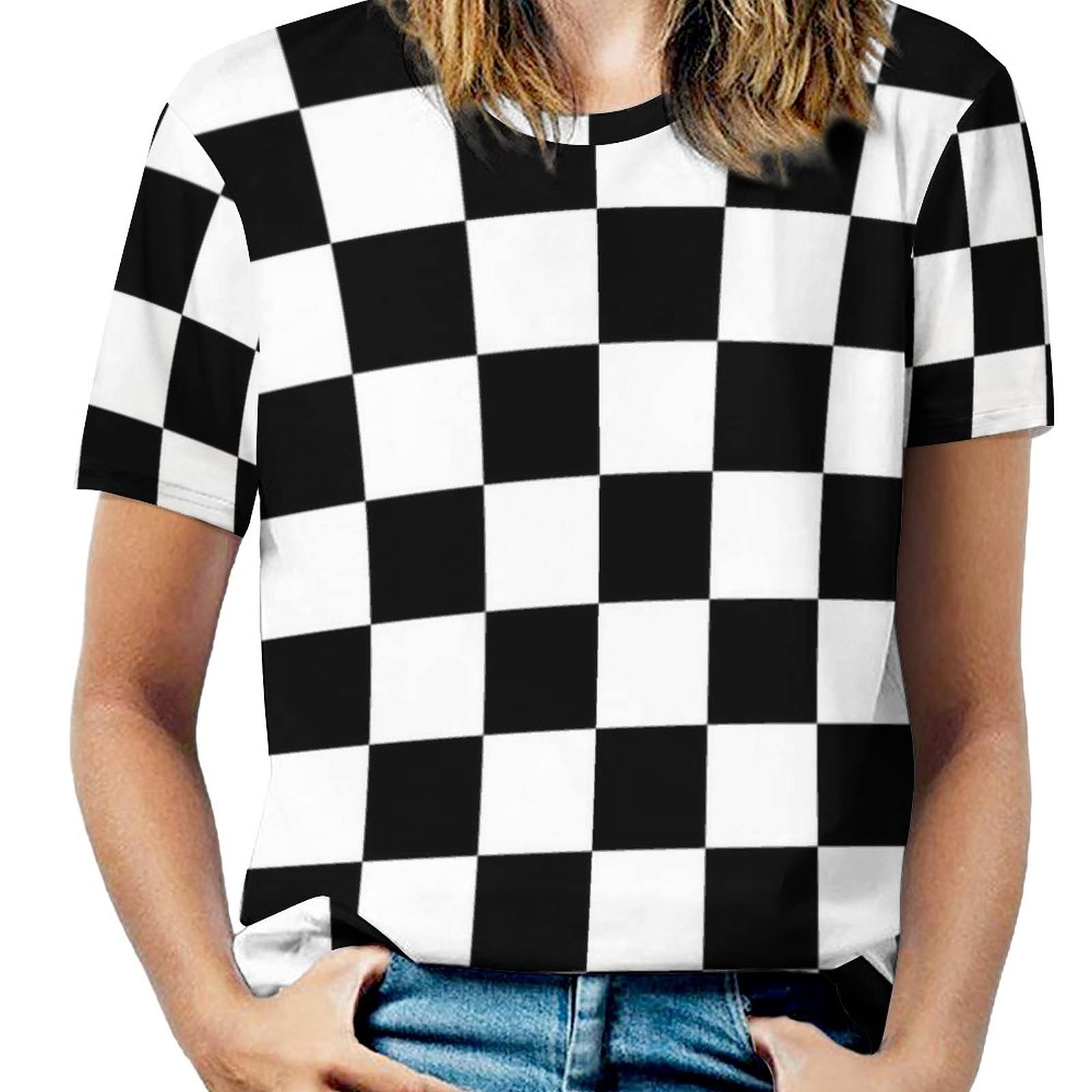 Bagea-KaBlack White Race Checkered Flag Pattern Womens Graphic Printed T-Shirt Short Sleeve Casual Tees Tops