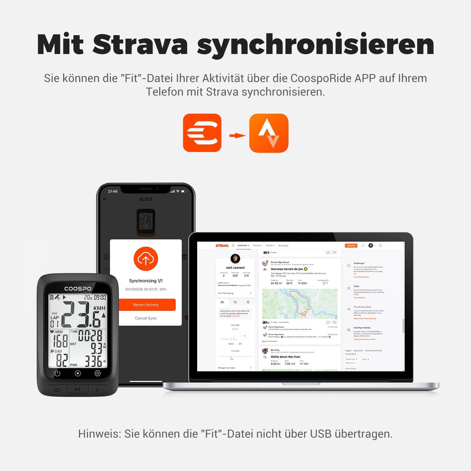 COOPSO BC107 Fahrradcomputer GPS Kabellos Drahtloser Fahrradtacho Kilometerzähler, Bluetooth5.0 ANT+ Rennrad Fahrrad Radcomputer 2.4 Zoll LCD mit Hintergrundbeleuchtung Kompatible mit Strava