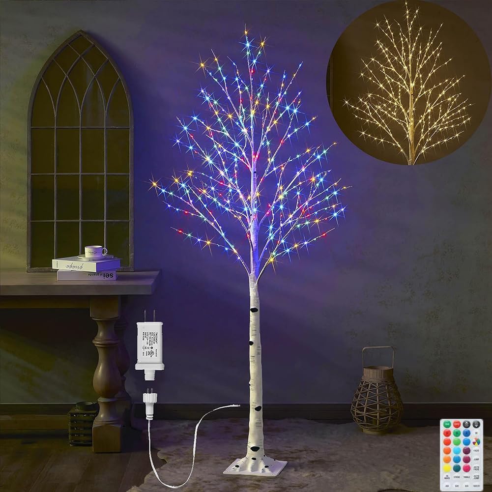Árbol de Abedul Iluminado con LED RGB + Blanco Cálido con Mando a Distancia 8 Funciones árbol de Luces de Navidad Olivo Artificial Grande Blanco Luces Para árboles Interior y Exterior,120cm