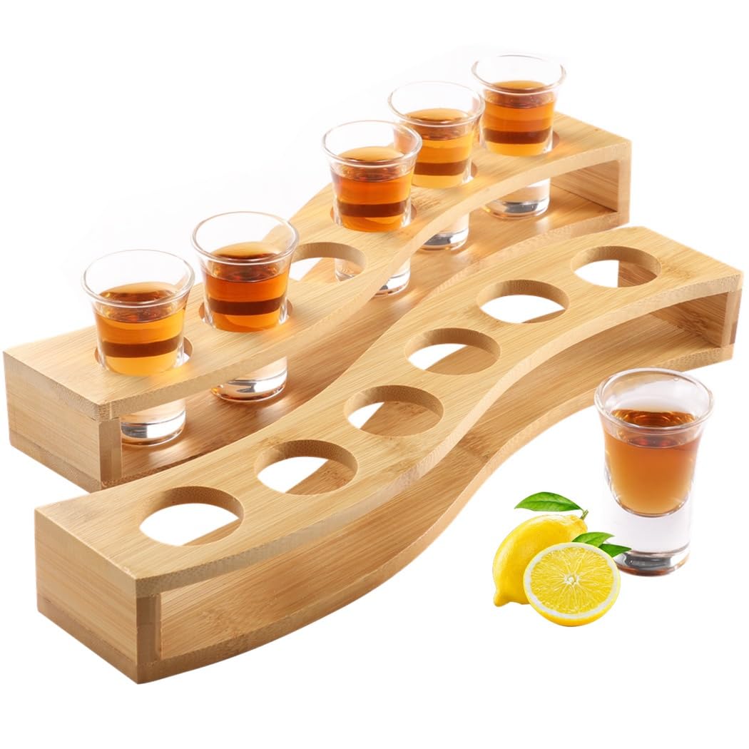 Lot de 6 verres à shot de qualité supérieure avec porte-plateau en bambou en forme de S, gobelets en verre transparent de 25 ml, parfaits pour les fêtes et les restaurants