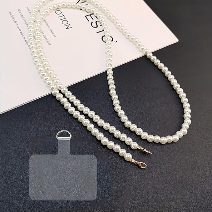 Image of KHOLAD White Bow Phone Chain Crossbody Pearl Strap | 2in1 Wrist & Shouler Crossbody Lanyard | Pearl Beads Charms Chain with Phone Tether Patches | Compatible with Most Phones, Bag, Purse
