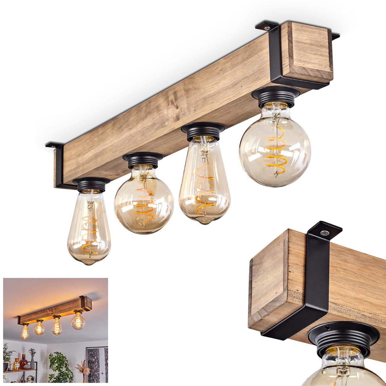 Lámpara de techo Montgomery, lámpara de techo de metal/madera en negro/naturaleza, Lámpara de estilo industrial, retro/vintage con vigas de madera, 4 x casquillo E27. sin bombillas