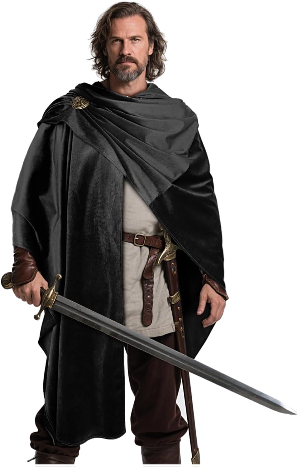 L'VOW Medieval Corduroy Hooded Cloak - Renaissance Hooded Cape with Adjustable Brooch, Halloween Wizard Cosplay Costume - Image 3