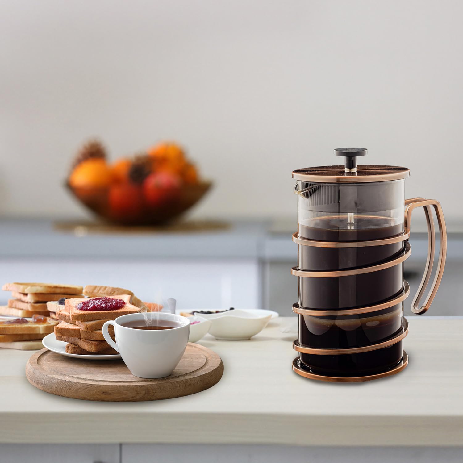 OVENTE Cafetera de prensa francesa de vidrio, 34 onzas con émbolo de filtro de acero inoxidable, preparación caliente o fría, prensa de café de viaje sin BPA, cafetera y té lista para acampar, cobre