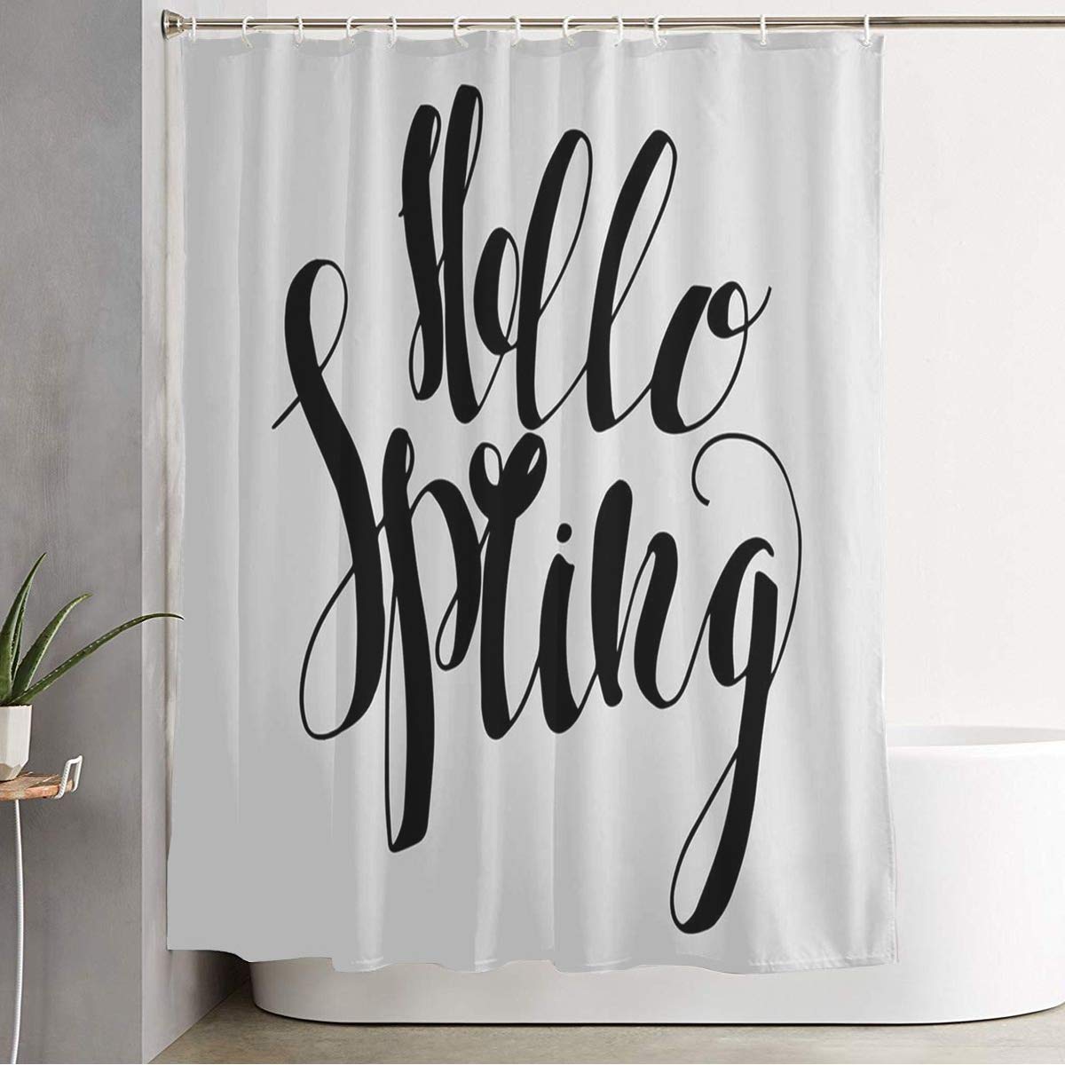 Anmbsk Shower Curtain for Bathroom Waterproof Grass Lettering Hello Spring Hand Writing Calligraphic Foliage Greens Letter Message Nature Phrase Bath Curtain Polyester Fabric with Hooks 72" x 78"