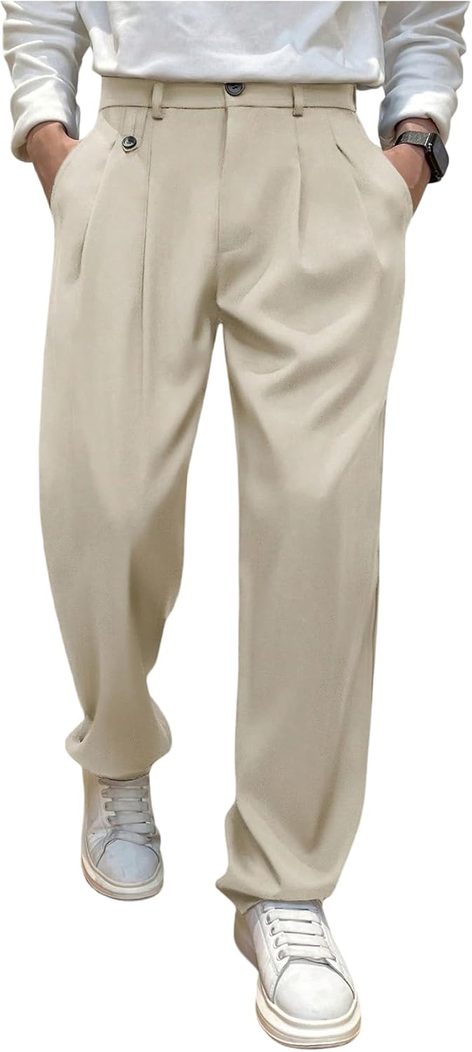 OYOANGLE Men's Pleated Dress Pants Straight Leg Zipper Fly Business Suit Pants with Pockets