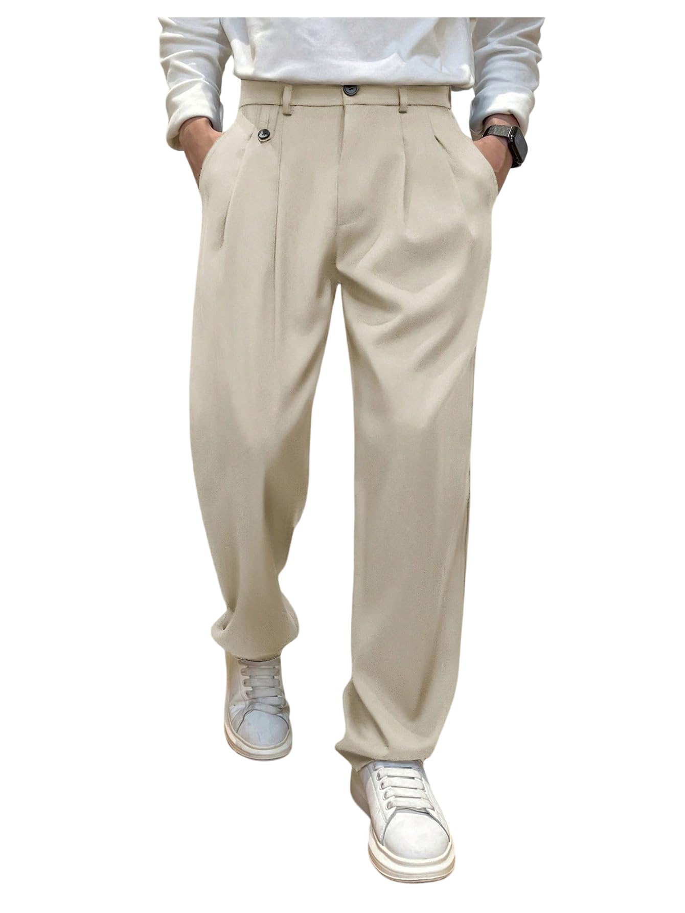 GORGLITTER Mens Zipper Fly Baggy Dress Pants Straight Leg Casual Pleated Trousers Business Casual