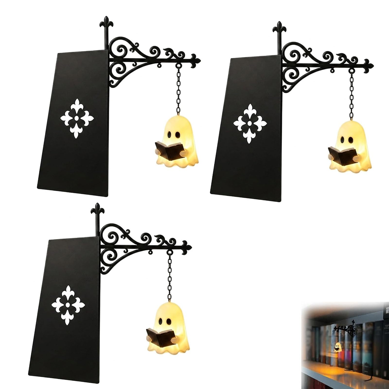 Ghost Bookshelf Lantern, Decorative Bookshelf Lighting, Cute Ghost Reading Lantern, Ornate Gothic Book Nook Insert Hanging Light, Halloween Hanging Ghosts Decor for Bookshelfs (01# 3Pcs)