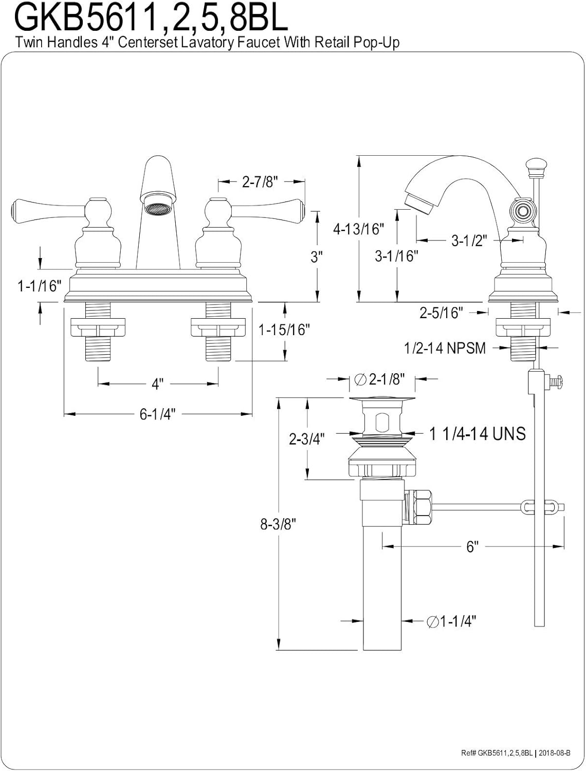Top Rated Kingston Brass GKB5612BL Vintage 4 Centerset Bathroom Faucet, 3-5/8, Polished Brass