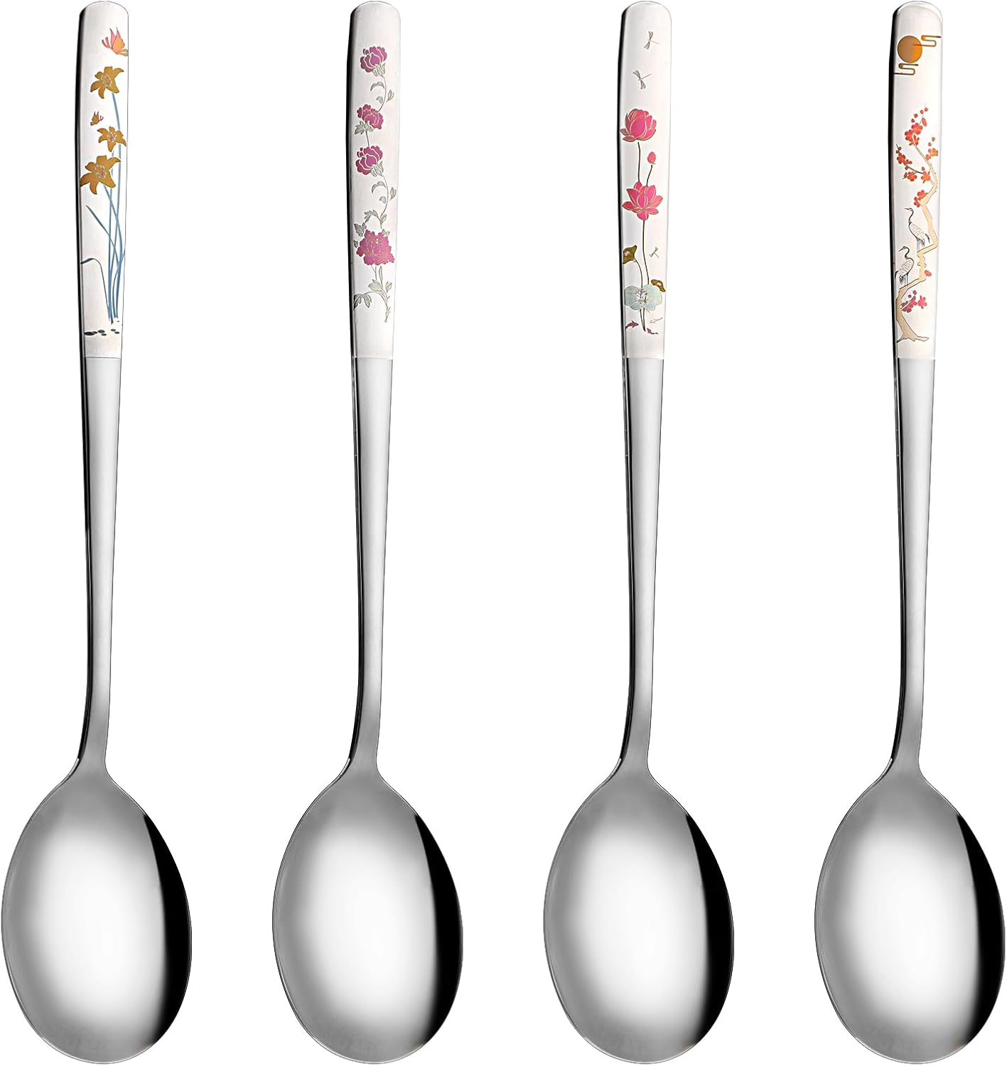 4PCS Korean Spoons with Long Handles 18/8 Stainless Steel Korean Soup Spoon Flowers Asian Soup Spoon for Dinner Rice Coffee Desserts Ice Cream Dishwasher Safe(8 Inch)