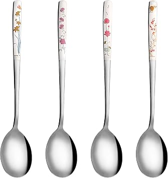 4PCS Korean Spoons with Long Handles 18/8 Stainless Steel Korean Soup Spoon Flowers Asian Soup Spoon for Dinner Rice Coffee Desserts Ice Cream Dishwasher Safe8 Inch
