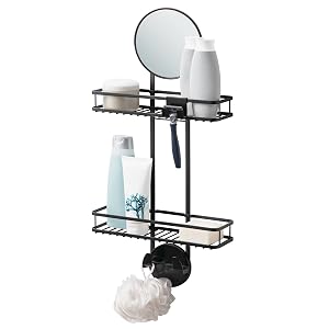 iDesign Self-Adhesive Shower Caddy with Mirror and Accessory Hooks - Matte Black