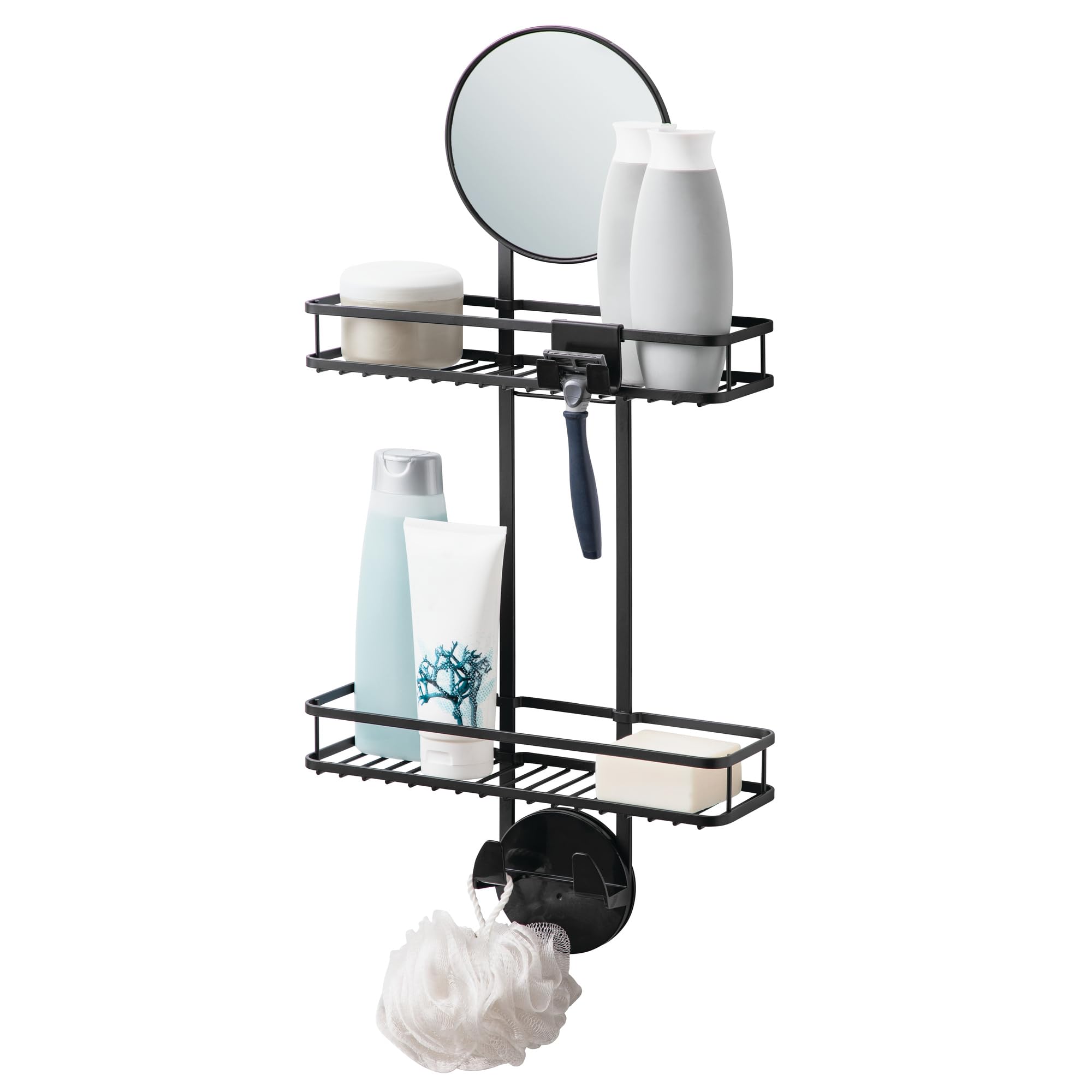 iDesign Self-Adhesive Shower Caddy with Mirror and Accessory Hooks - Matte Black