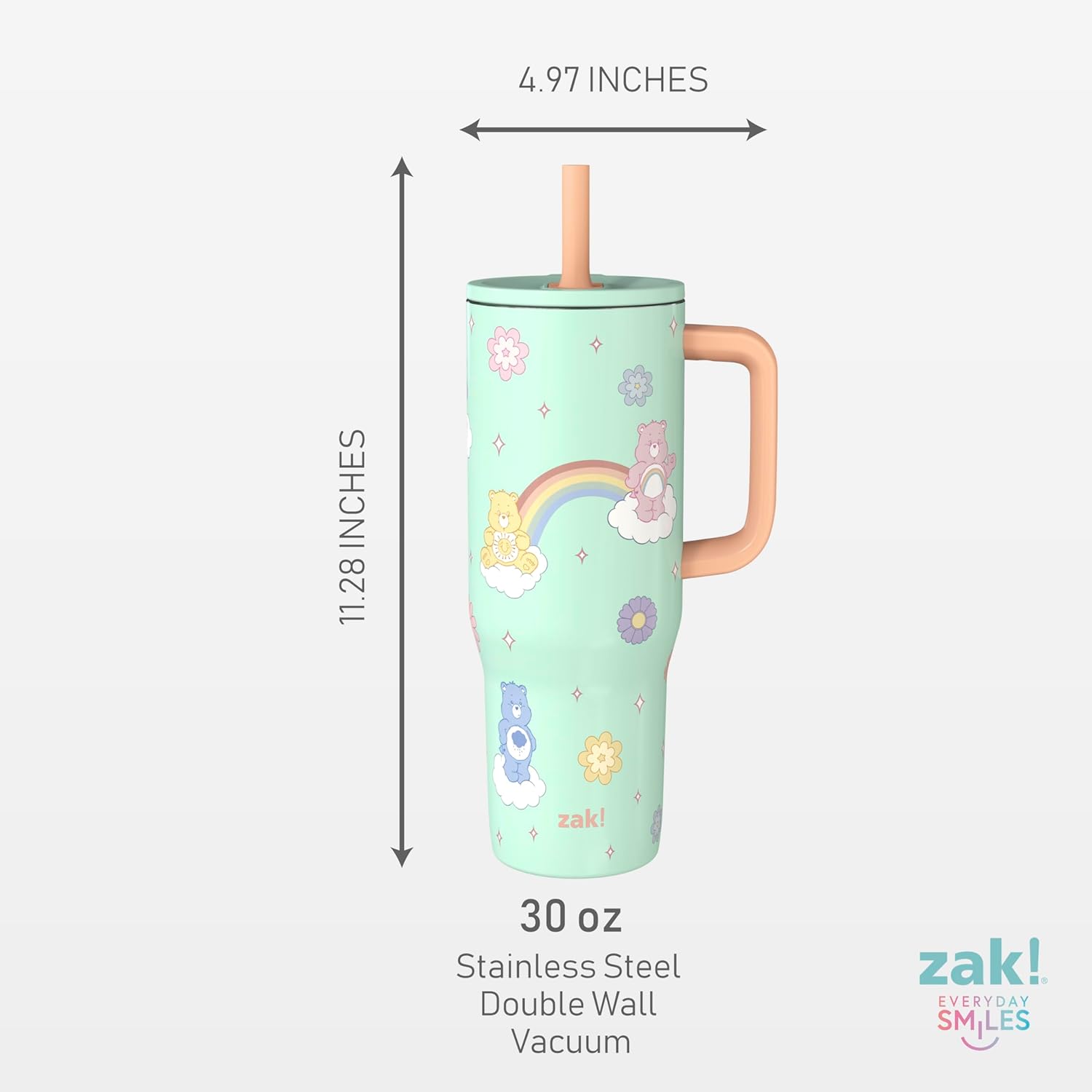 Zak Designs Care Bears Sutton Travel Tumbler for On the Go, 30oz Stainless Steel with Vacuum Insulation, Silicone Straw, and Carry Handle for Cold Drinks (Care Bears) - Image 7