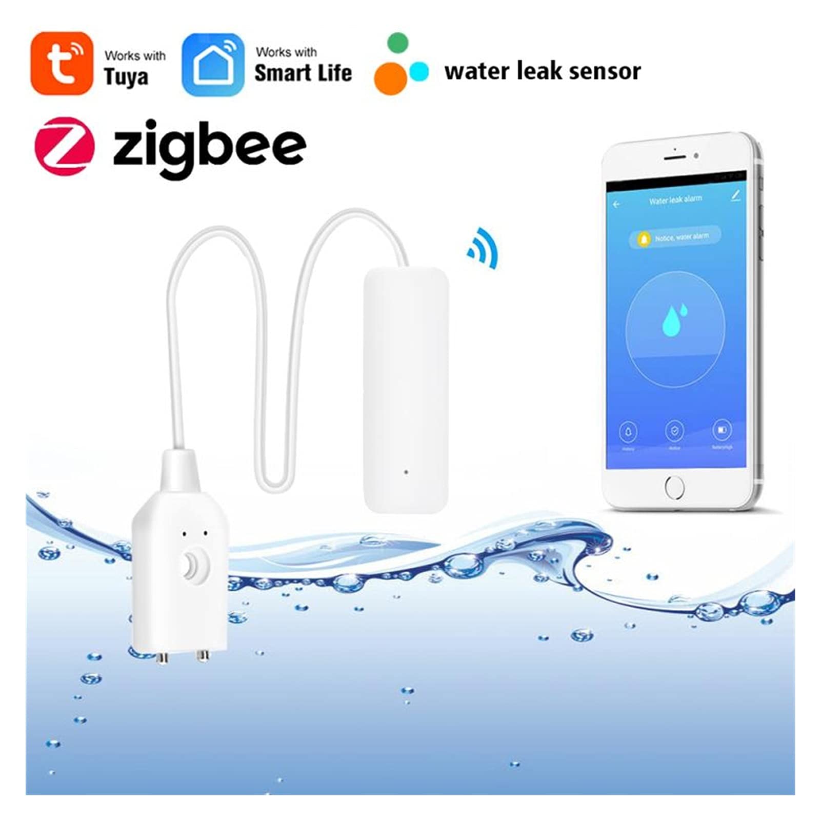 Actuador eléctrico Sensor de fugas de agua Detector inalámbrico Detector de agua Detección de fugas Alerta Nivel de agua Desbordamiento de desbordamiento Alarma Inicio inteligente Proporciona una prot