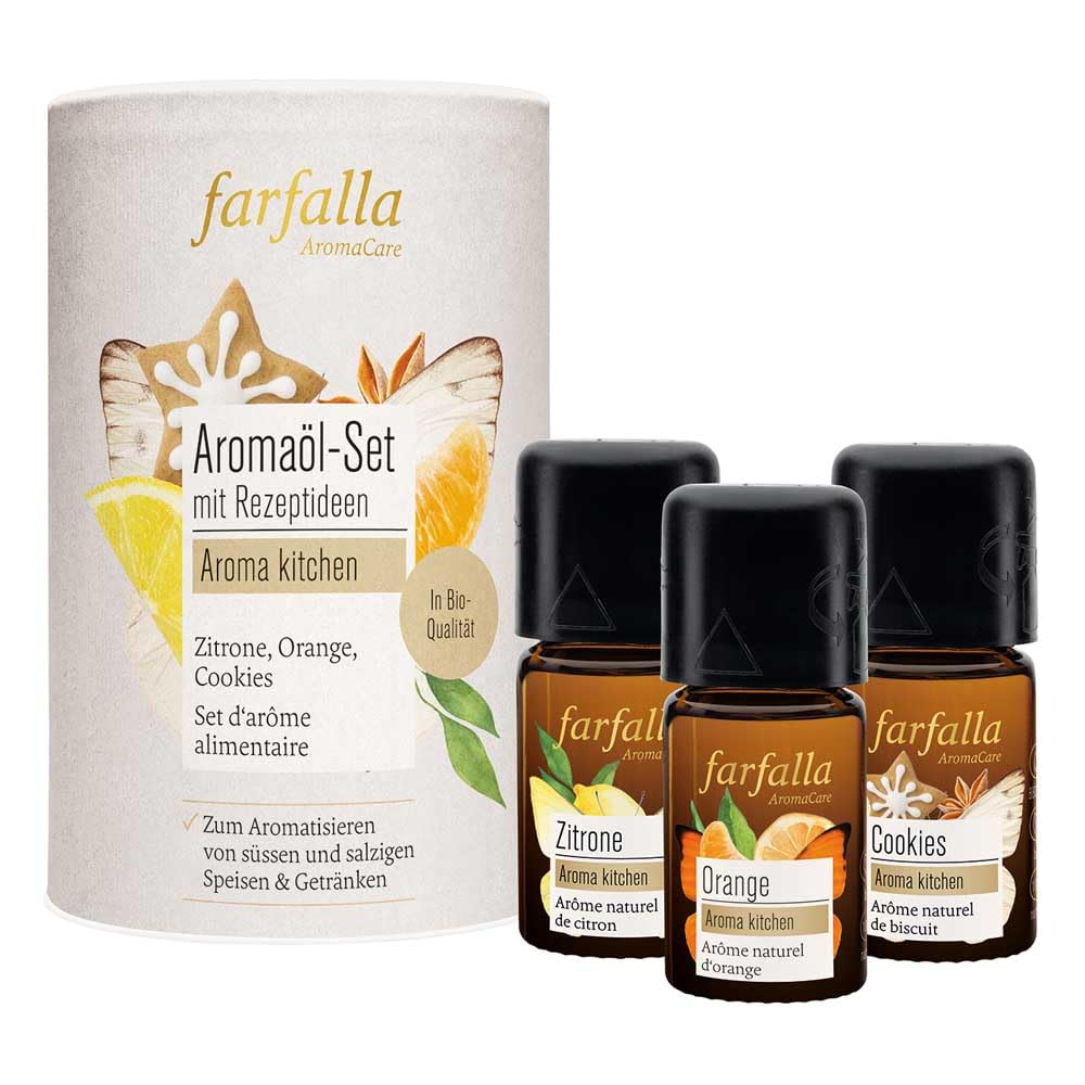 Farfalla Set, Aromaöle mit Rezeptideen, Zitrone, Orange, Cookies (1)