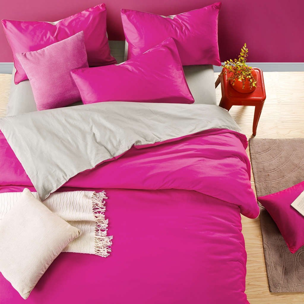 CocoQueenCocoQueen Reversible Cotton 4PC Bedding Set Solid Color Fuchsia and Light Gray Full/Queen Size