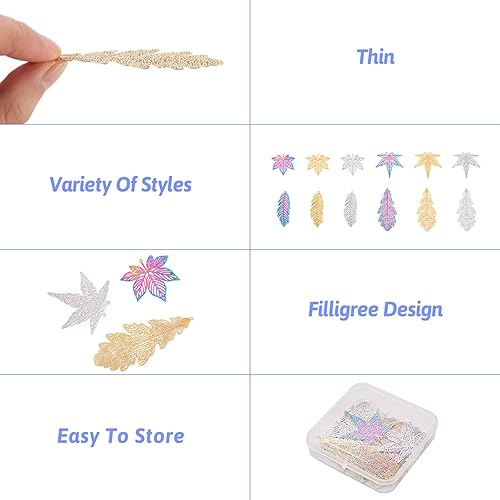 Miniatura 2 de Mega Pet 24 dijes colgantes de hojas de imitación, colores mixtos, galvanizados, hojas de acero inoxidable, rebanadas, adornos de metal grabados